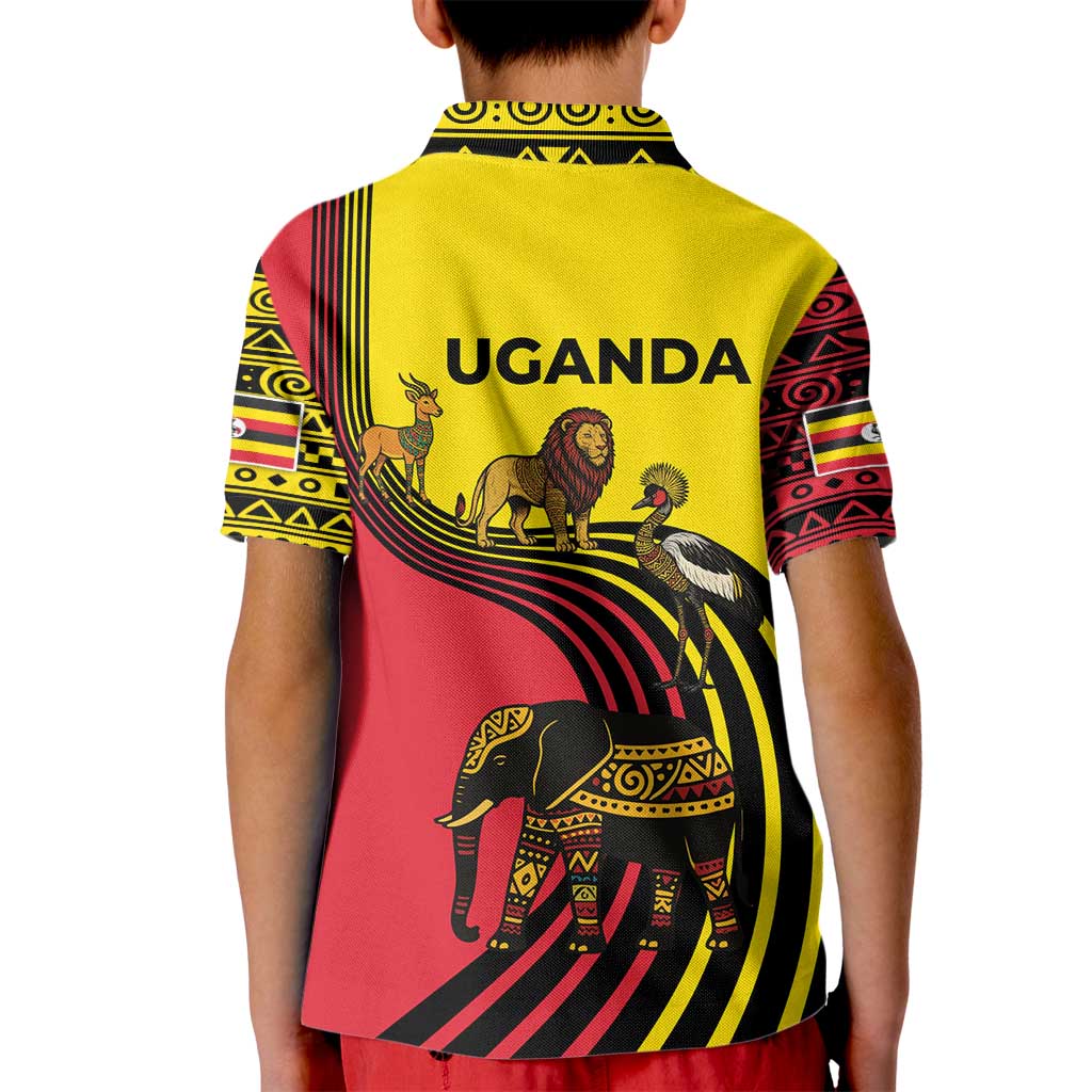 Uganda Kid Polo Shirt with African Wildlife Elephant Lion and Crane in Tribal Pattern Design