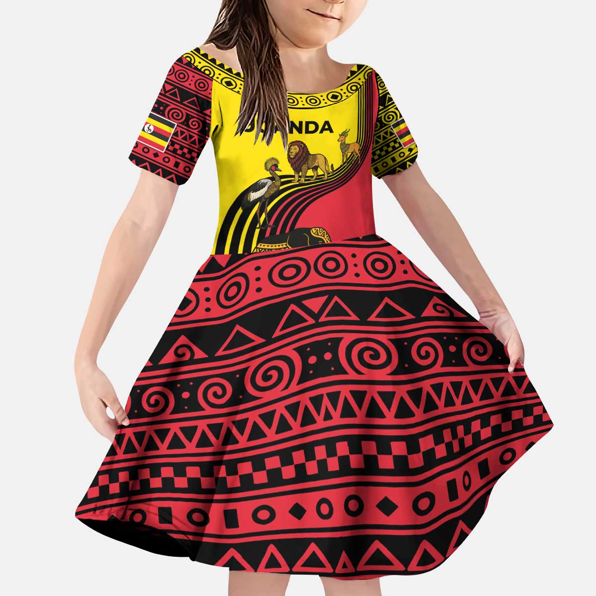 Uganda Kid Short Sleeve Dress with African Wildlife Elephant Lion and Crane in Tribal Pattern Design