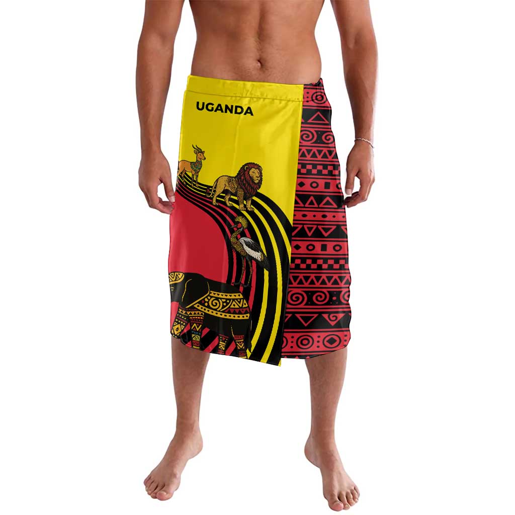 Uganda Lavalava with African Wildlife Elephant Lion and Crane in Tribal Pattern Design