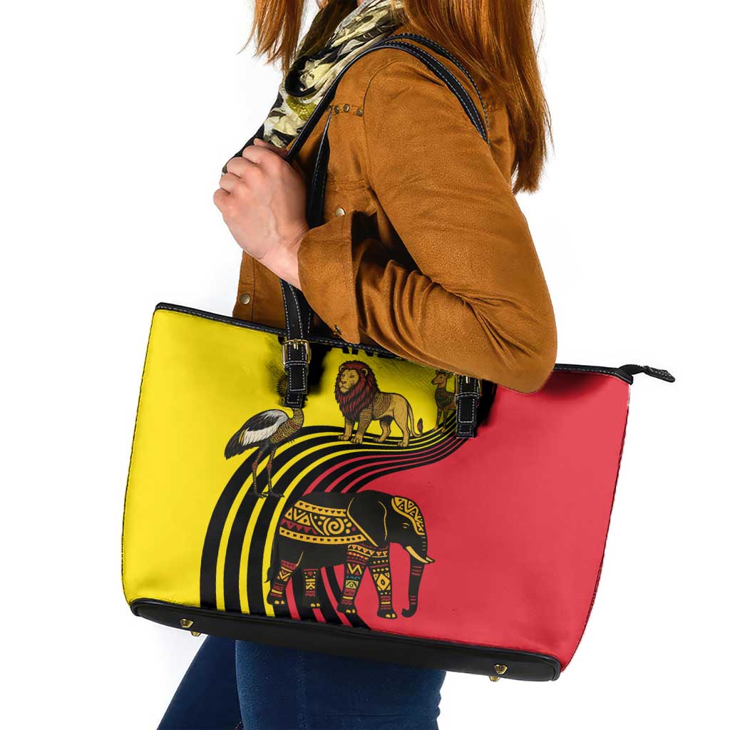 Uganda Leather Tote Bag with African Wildlife Elephant Lion and Crane in Tribal Pattern Design
