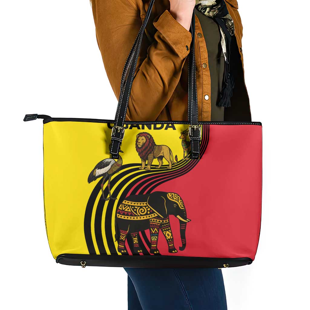 Uganda Leather Tote Bag with African Wildlife Elephant Lion and Crane in Tribal Pattern Design