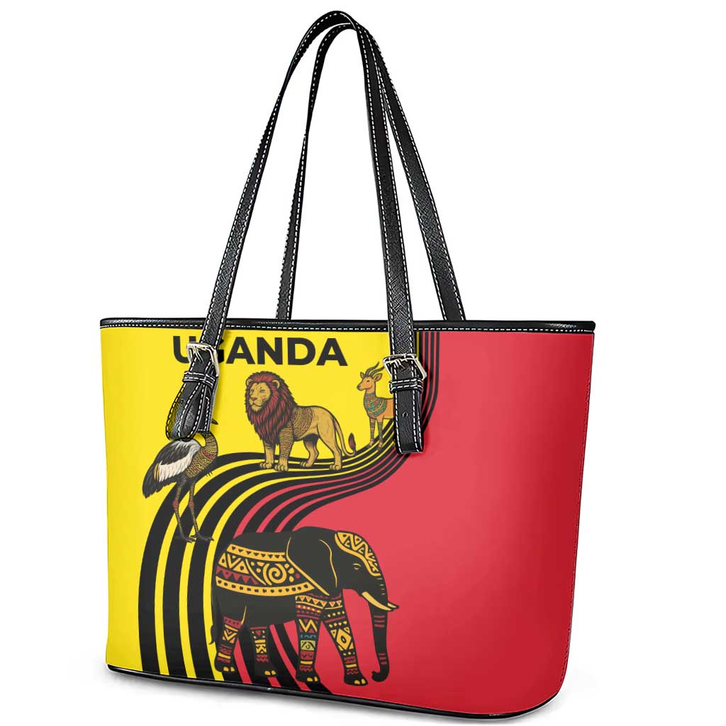 Uganda Leather Tote Bag with African Wildlife Elephant Lion and Crane in Tribal Pattern Design