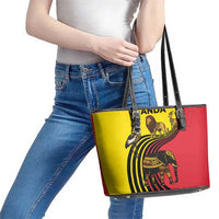 Uganda Leather Tote Bag with African Wildlife Elephant Lion and Crane in Tribal Pattern Design