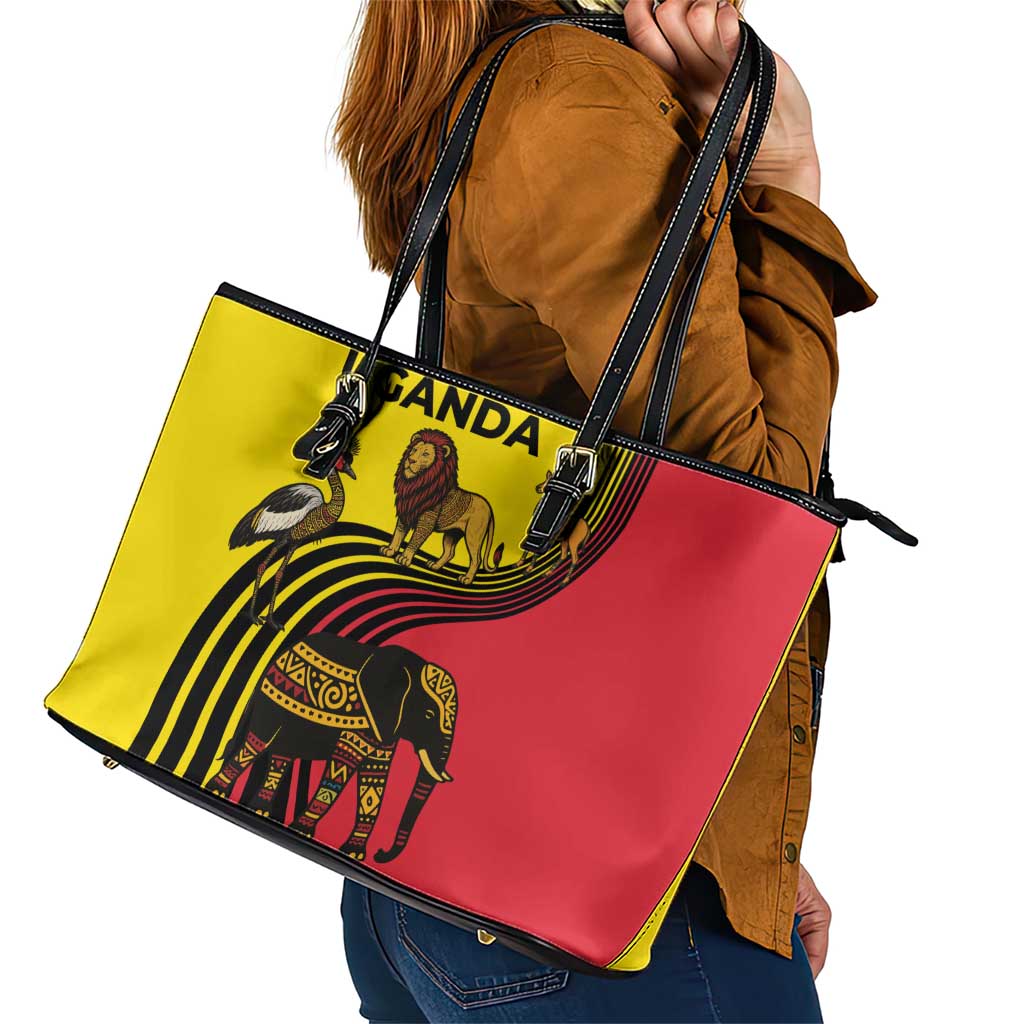 Uganda Leather Tote Bag with African Wildlife Elephant Lion and Crane in Tribal Pattern Design