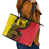 Uganda Leather Tote Bag with African Wildlife Elephant Lion and Crane in Tribal Pattern Design