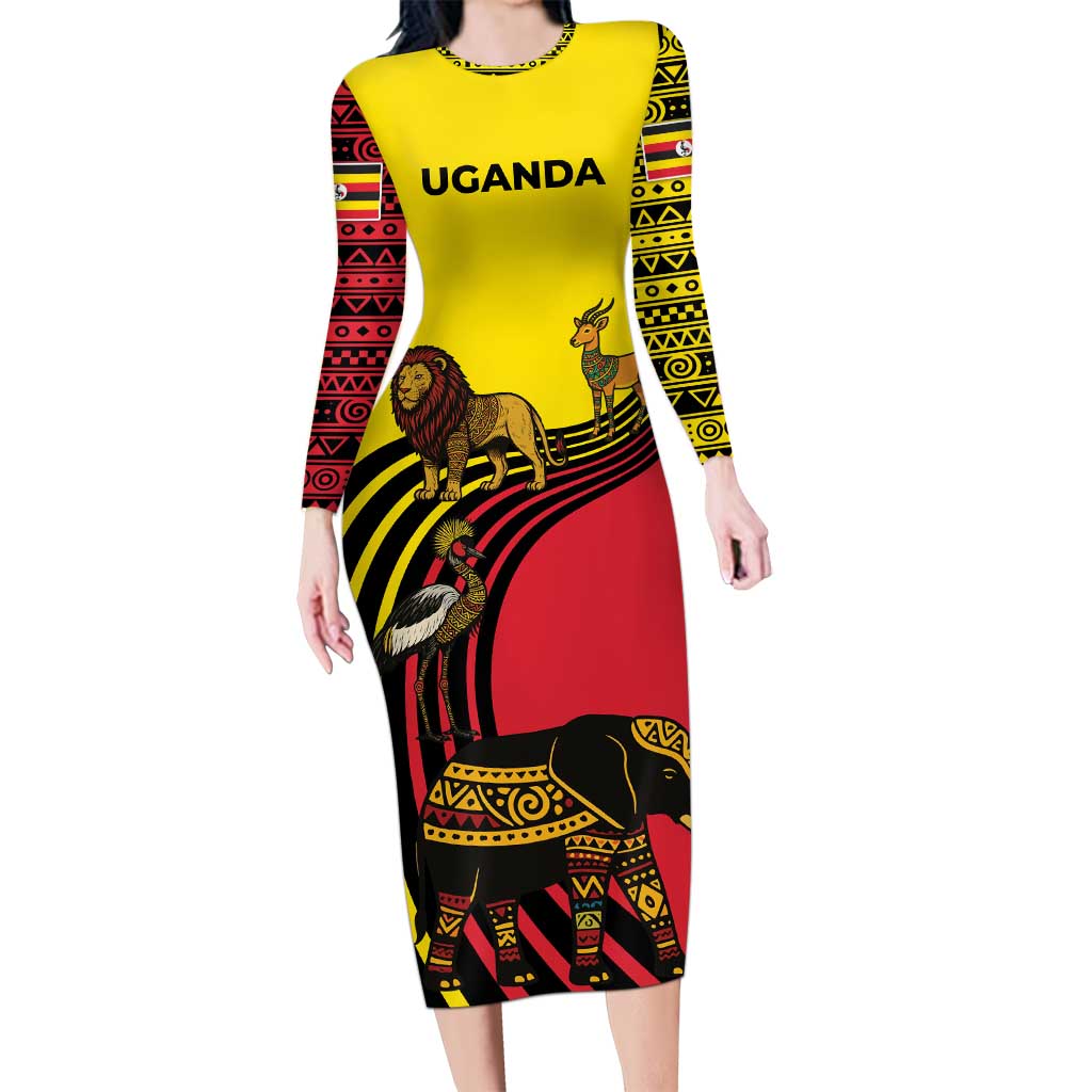 Uganda Long Sleeve Bodycon Dress with African Wildlife Elephant Lion and Crane in Tribal Pattern Design