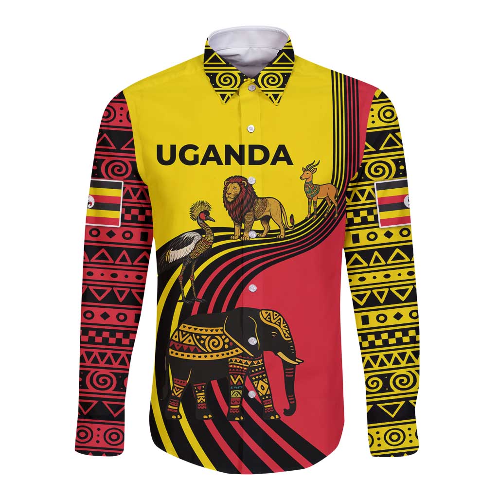 Uganda Long Sleeve Button Shirt with African Wildlife Elephant Lion and Crane in Tribal Pattern Design