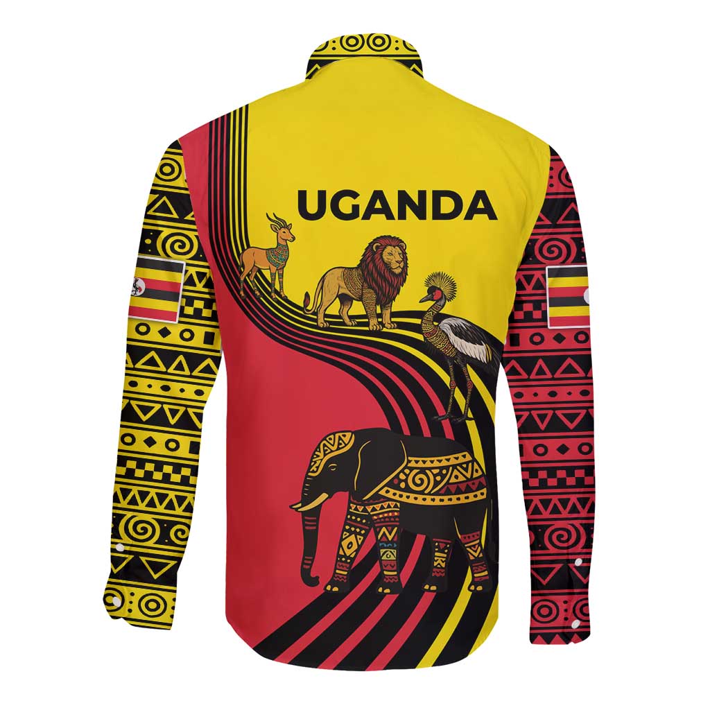 Uganda Long Sleeve Button Shirt with African Wildlife Elephant Lion and Crane in Tribal Pattern Design