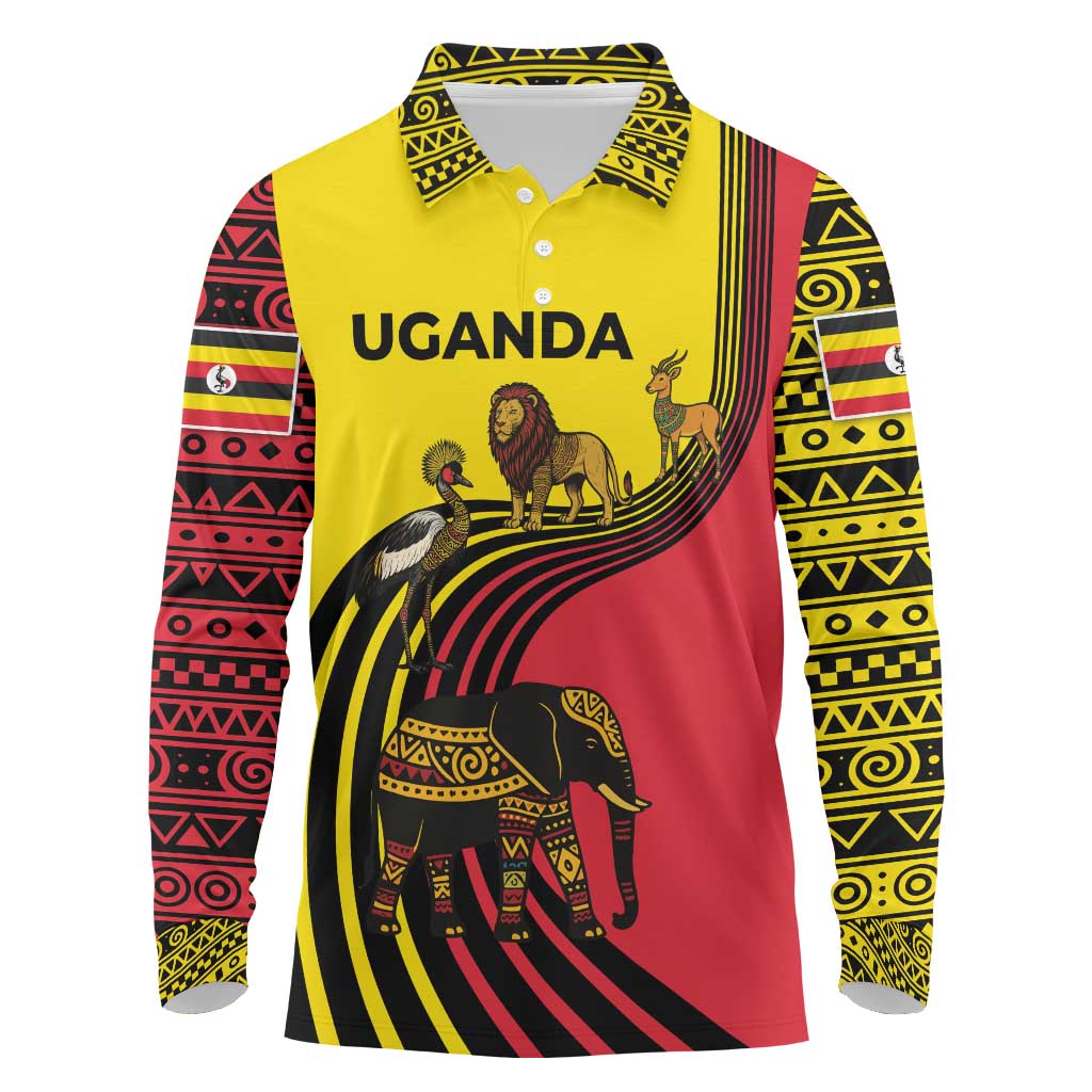 Uganda Long Sleeve Polo Shirt with African Wildlife Elephant Lion and Crane in Tribal Pattern Design