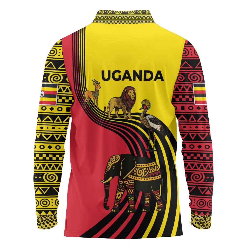 Uganda Long Sleeve Polo Shirt with African Wildlife Elephant Lion and Crane in Tribal Pattern Design