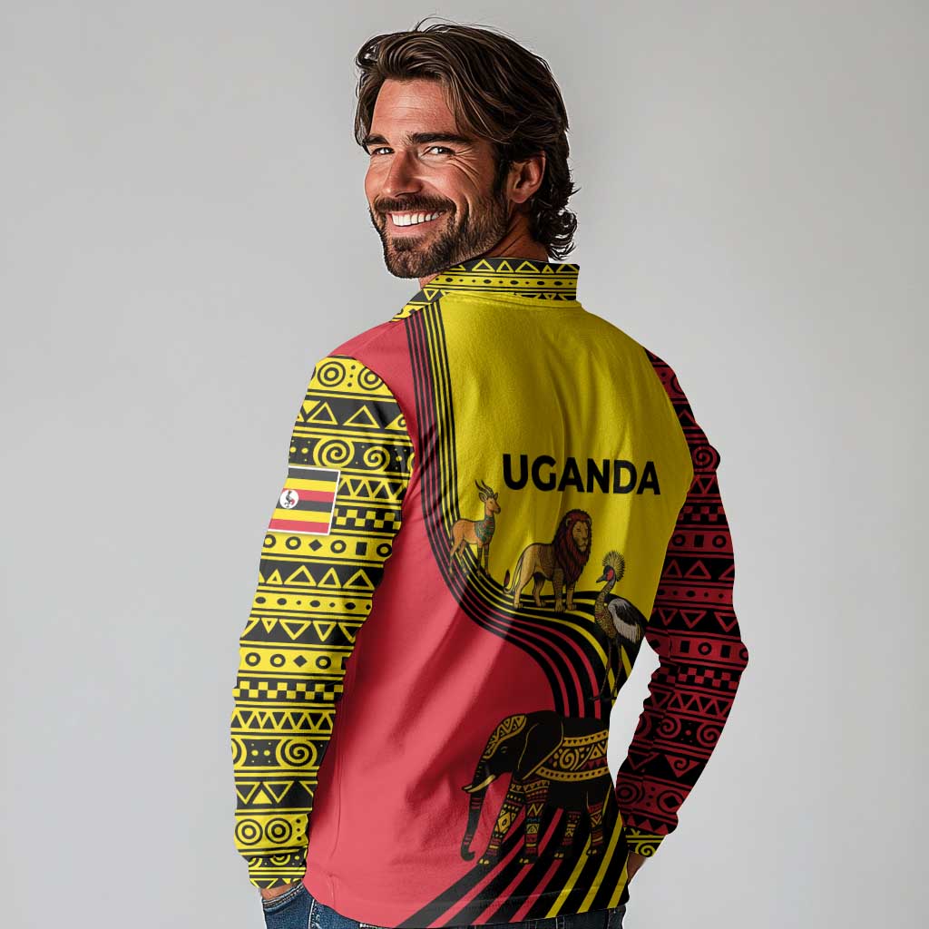 Uganda Long Sleeve Polo Shirt with African Wildlife Elephant Lion and Crane in Tribal Pattern Design