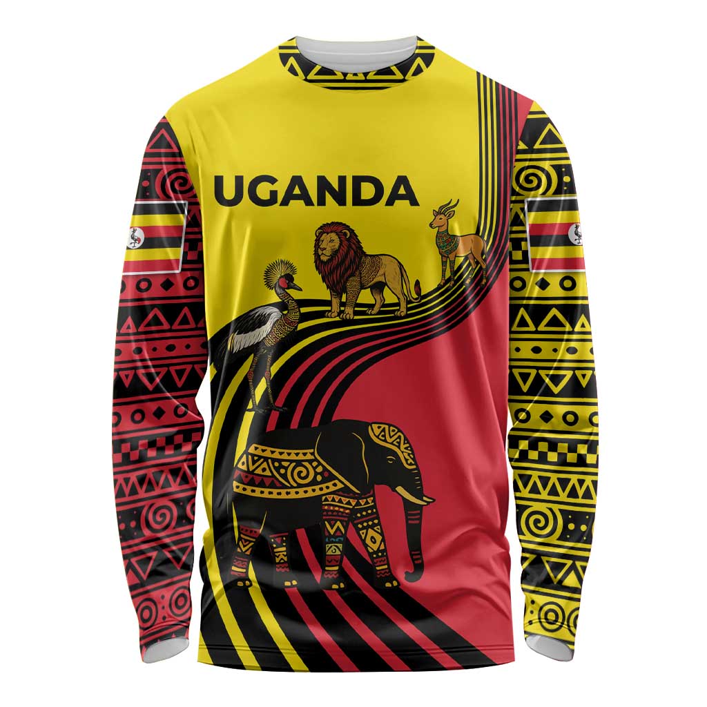 Uganda Long Sleeve Shirt with African Wildlife Elephant Lion and Crane in Tribal Pattern Design