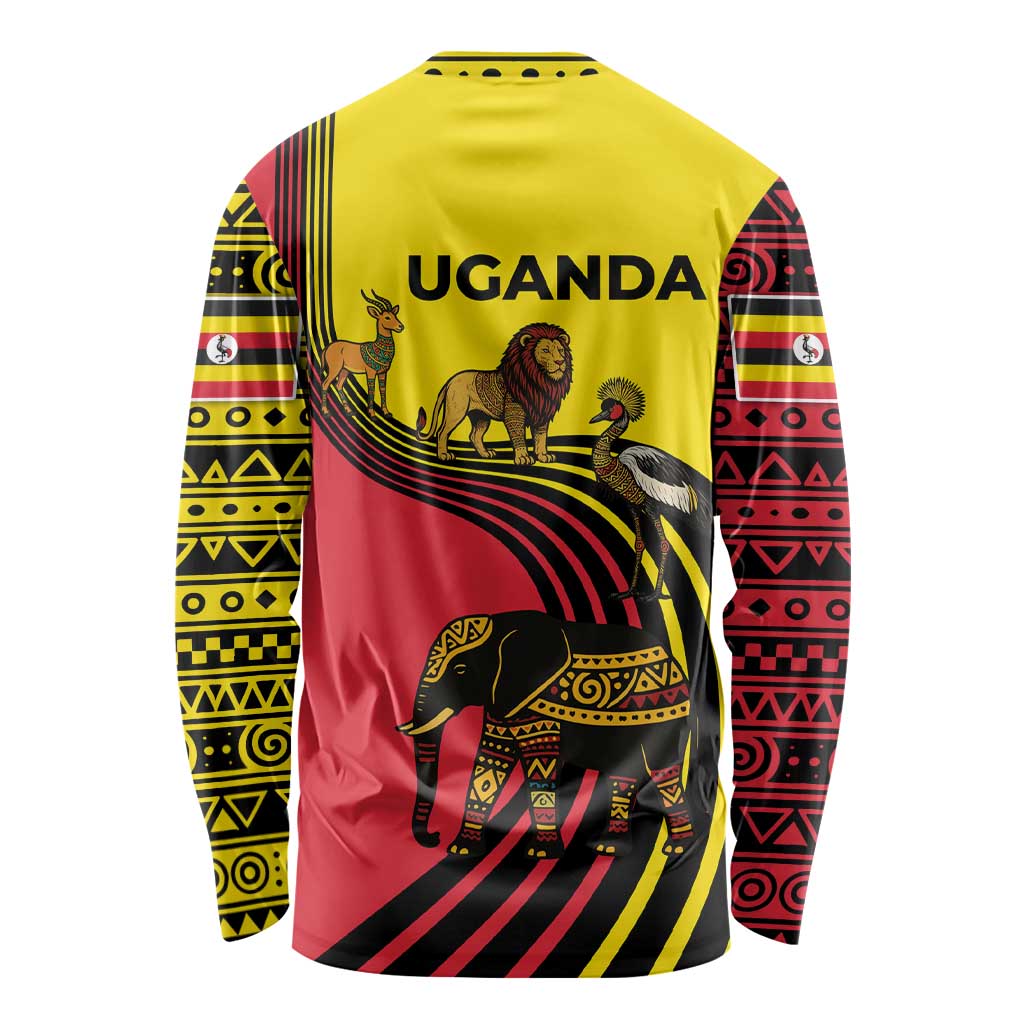 Uganda Long Sleeve Shirt with African Wildlife Elephant Lion and Crane in Tribal Pattern Design