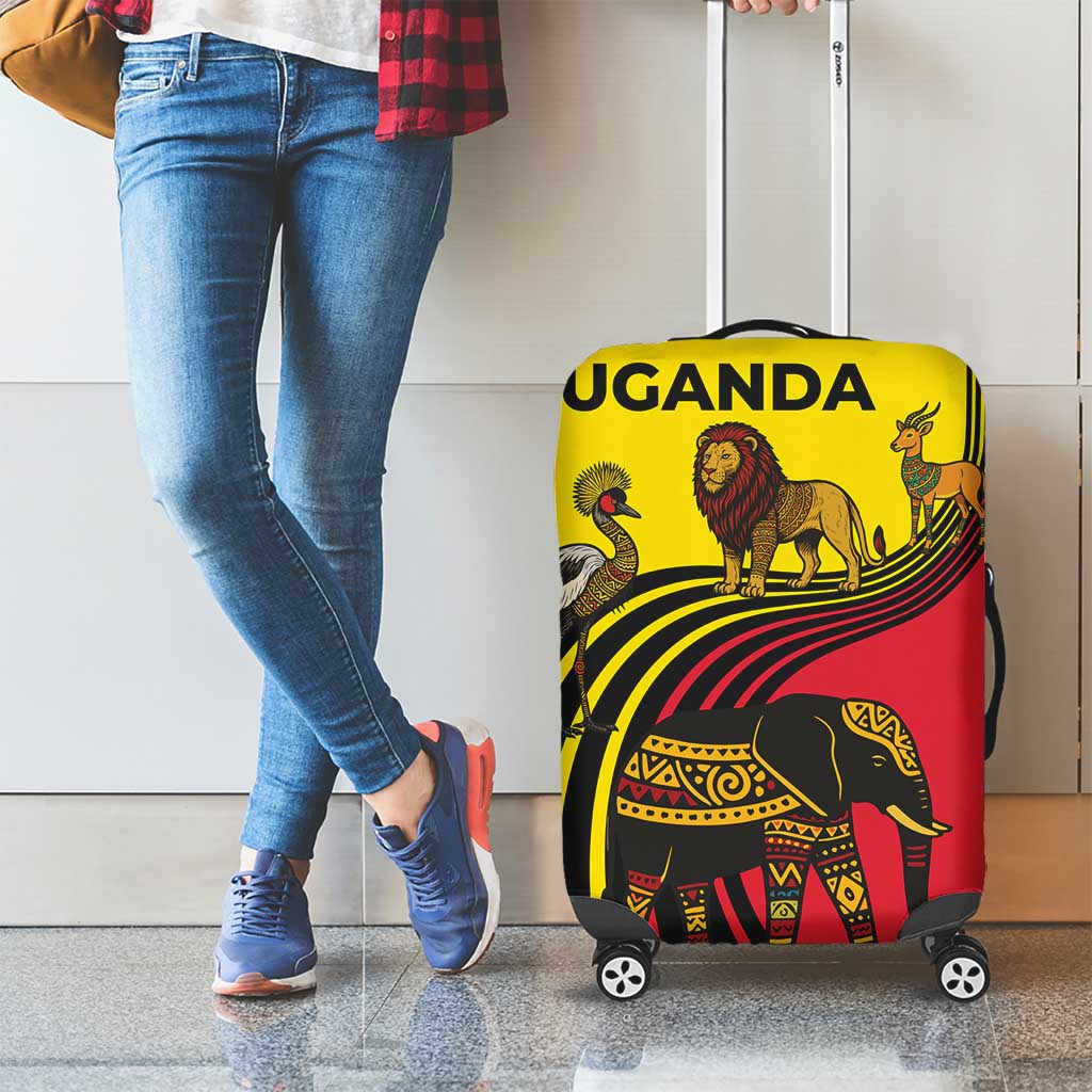 Uganda Luggage Cover with African Wildlife Elephant Lion and Crane in Tribal Pattern Design