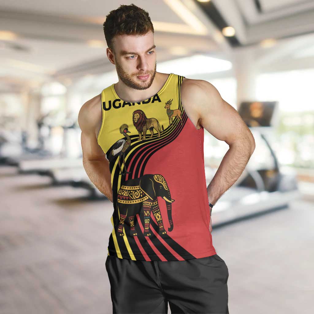 Uganda Men Tank Top with African Wildlife Elephant Lion and Crane in Tribal Pattern Design