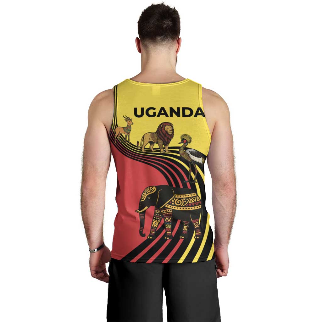 Uganda Men Tank Top with African Wildlife Elephant Lion and Crane in Tribal Pattern Design