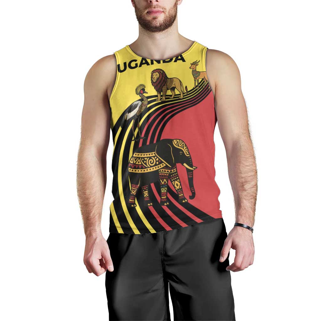 Uganda Men Tank Top with African Wildlife Elephant Lion and Crane in Tribal Pattern Design