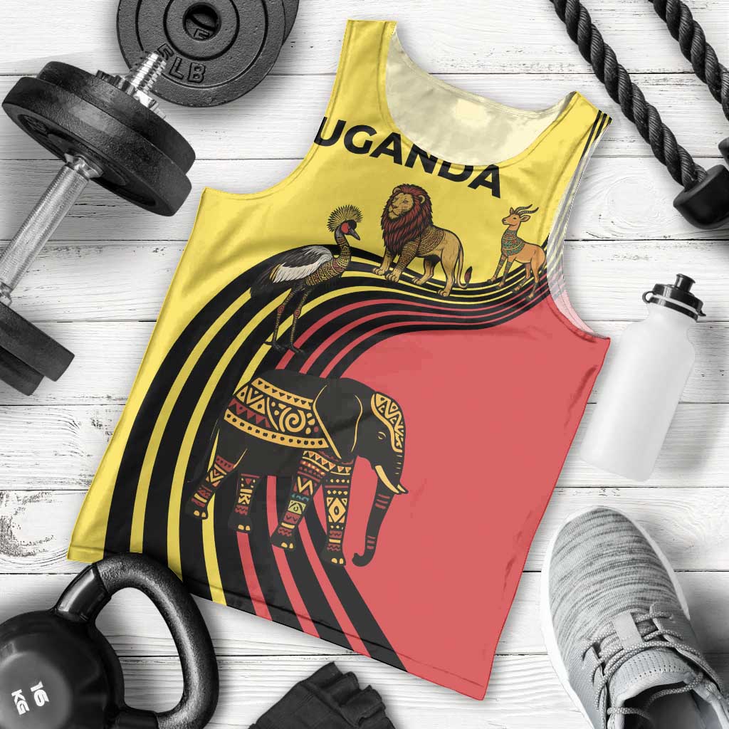 Uganda Men Tank Top with African Wildlife Elephant Lion and Crane in Tribal Pattern Design