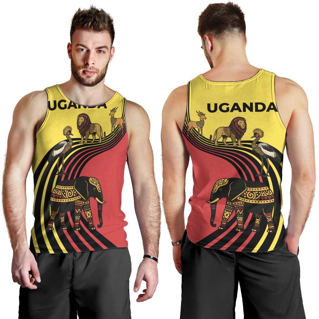 Uganda Men Tank Top with African Wildlife Elephant Lion and Crane in Tribal Pattern Design