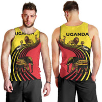 Uganda Men Tank Top with African Wildlife Elephant Lion and Crane in Tribal Pattern Design