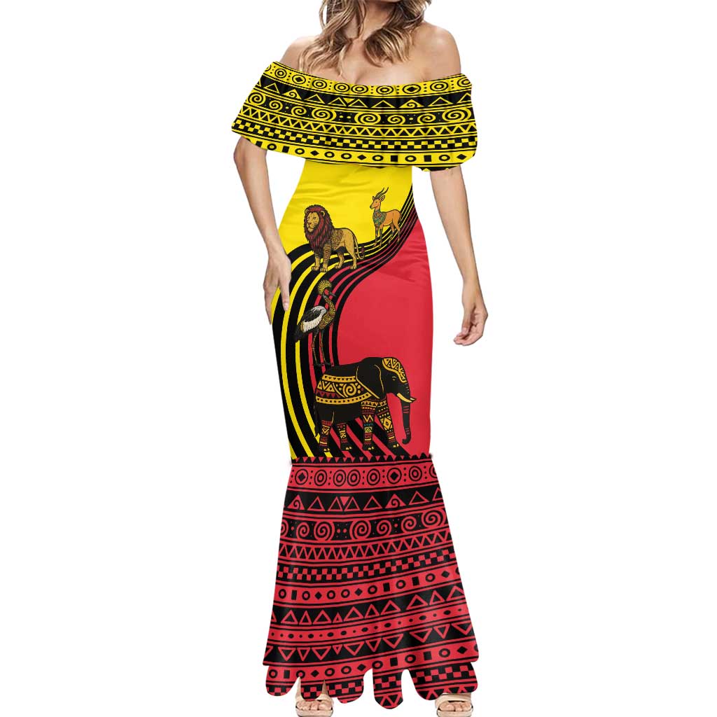 Uganda Mermaid Dress with African Wildlife Elephant Lion and Crane in Tribal Pattern Design