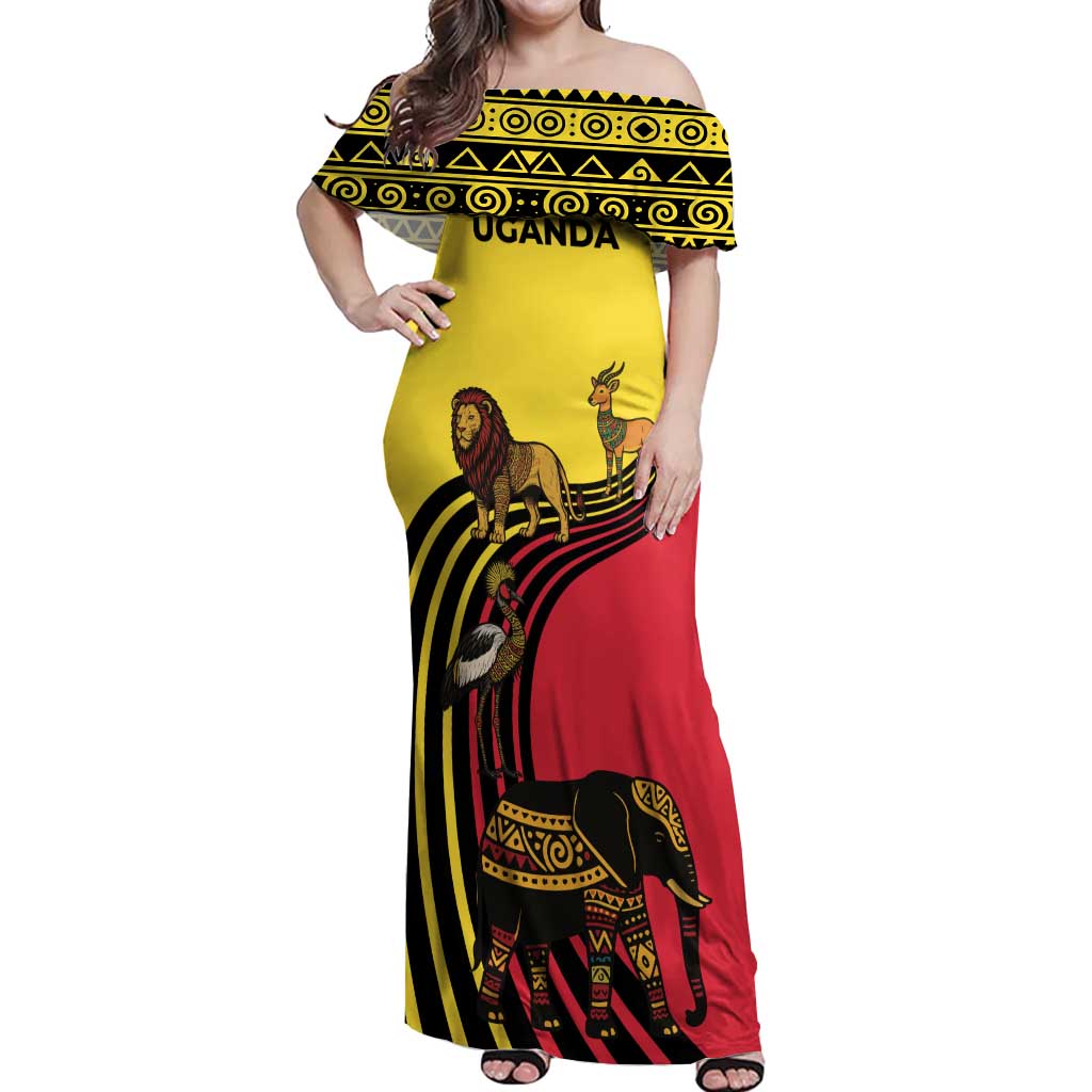 Uganda Off Shoulder Maxi Dress with African Wildlife Elephant Lion and Crane in Tribal Pattern Design