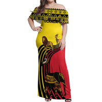 Uganda Off Shoulder Maxi Dress with African Wildlife Elephant Lion and Crane in Tribal Pattern Design