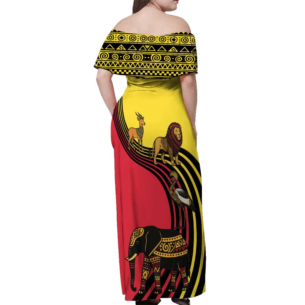 Uganda Off Shoulder Maxi Dress with African Wildlife Elephant Lion and Crane in Tribal Pattern Design
