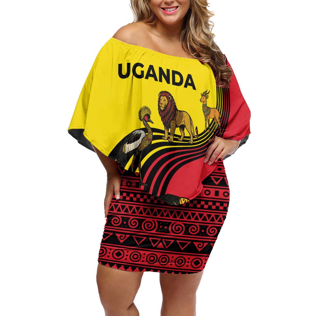 Uganda Off Shoulder Short Dress with African Wildlife Elephant Lion and Crane in Tribal Pattern Design