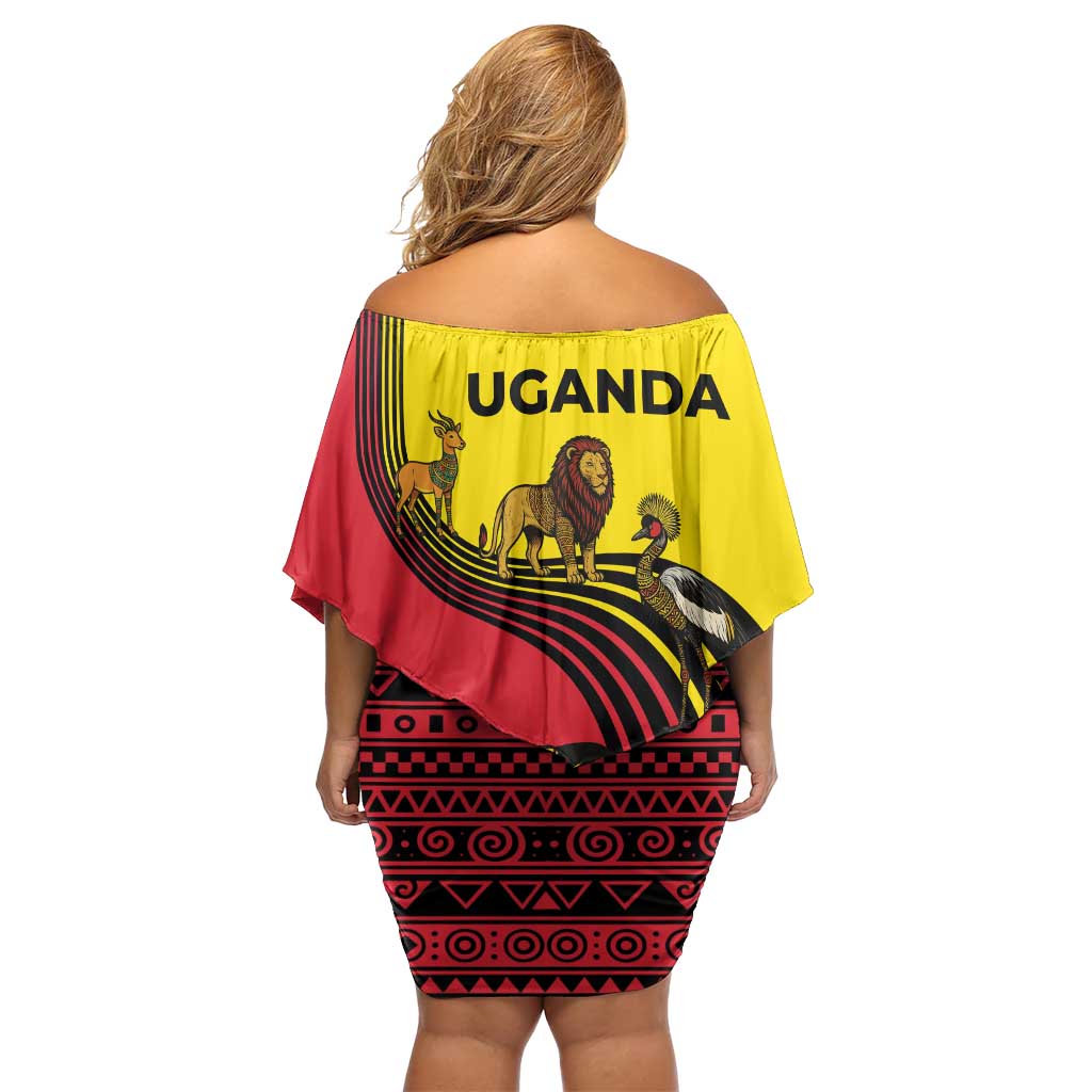 Uganda Off Shoulder Short Dress with African Wildlife Elephant Lion and Crane in Tribal Pattern Design