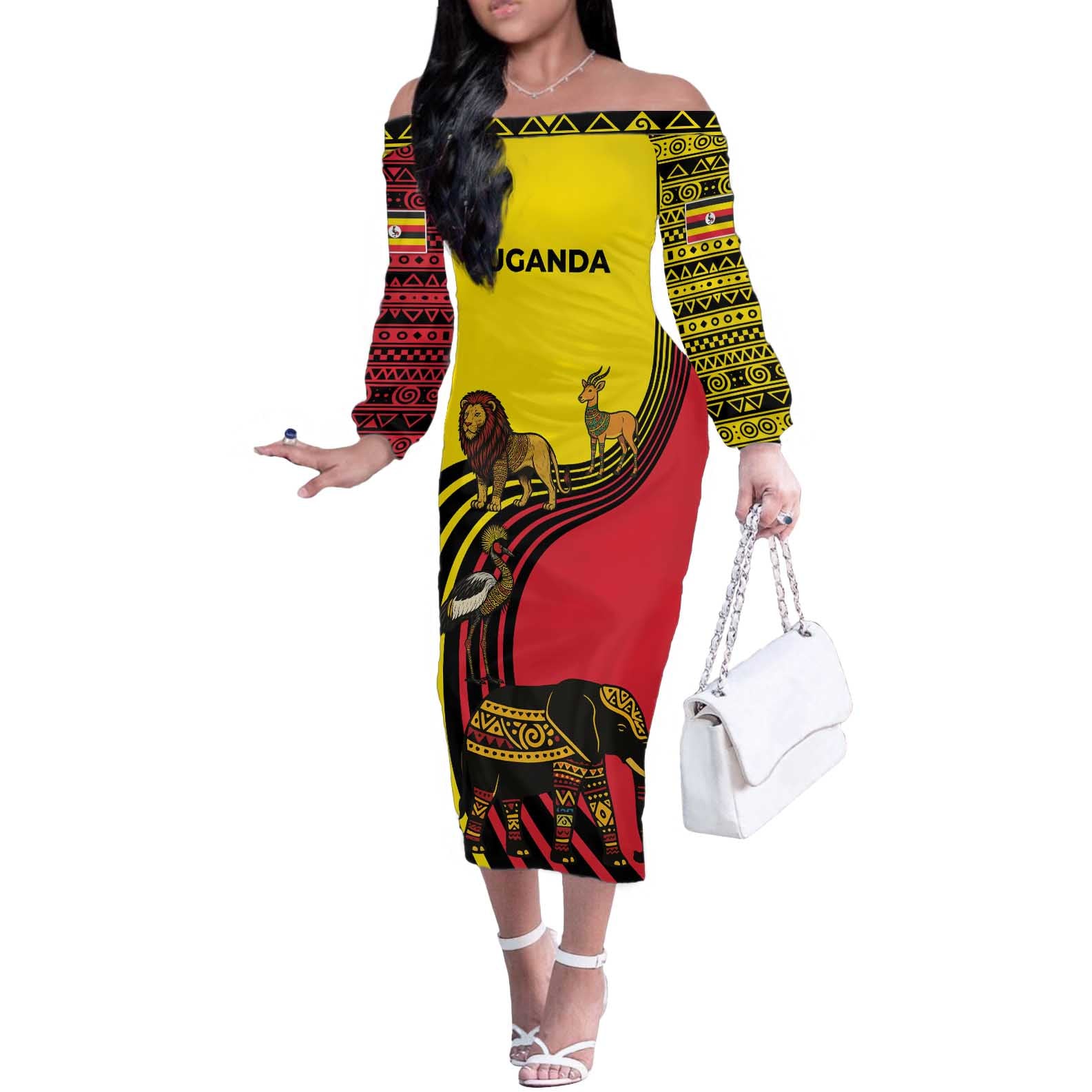 Uganda Off The Shoulder Long Sleeve Dress with African Wildlife Elephant Lion and Crane in Tribal Pattern Design