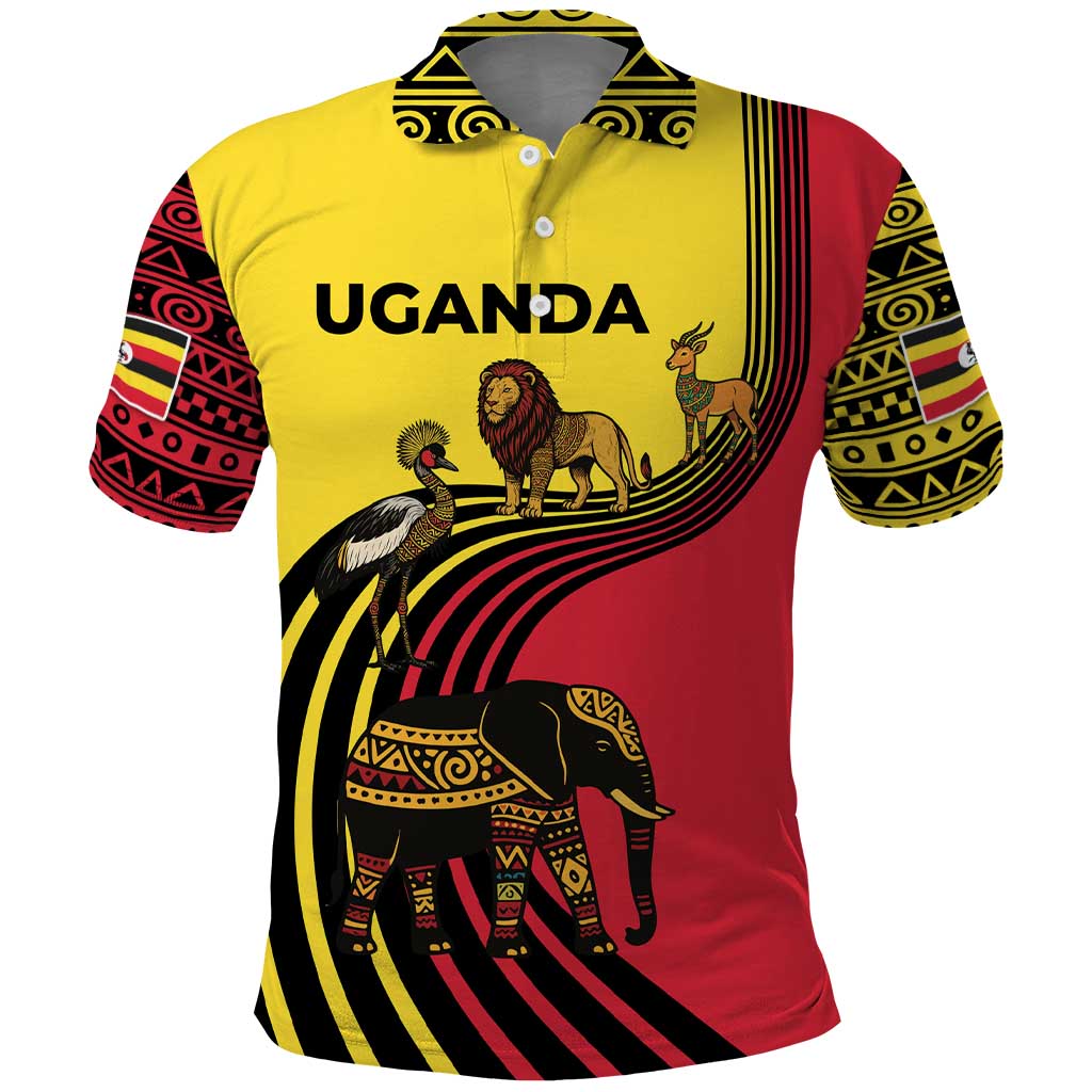 Uganda Polo Shirt with African Wildlife Elephant Lion and Crane in Tribal Pattern Design