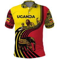 Uganda Polo Shirt with African Wildlife Elephant Lion and Crane in Tribal Pattern Design
