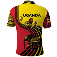 Uganda Polo Shirt with African Wildlife Elephant Lion and Crane in Tribal Pattern Design