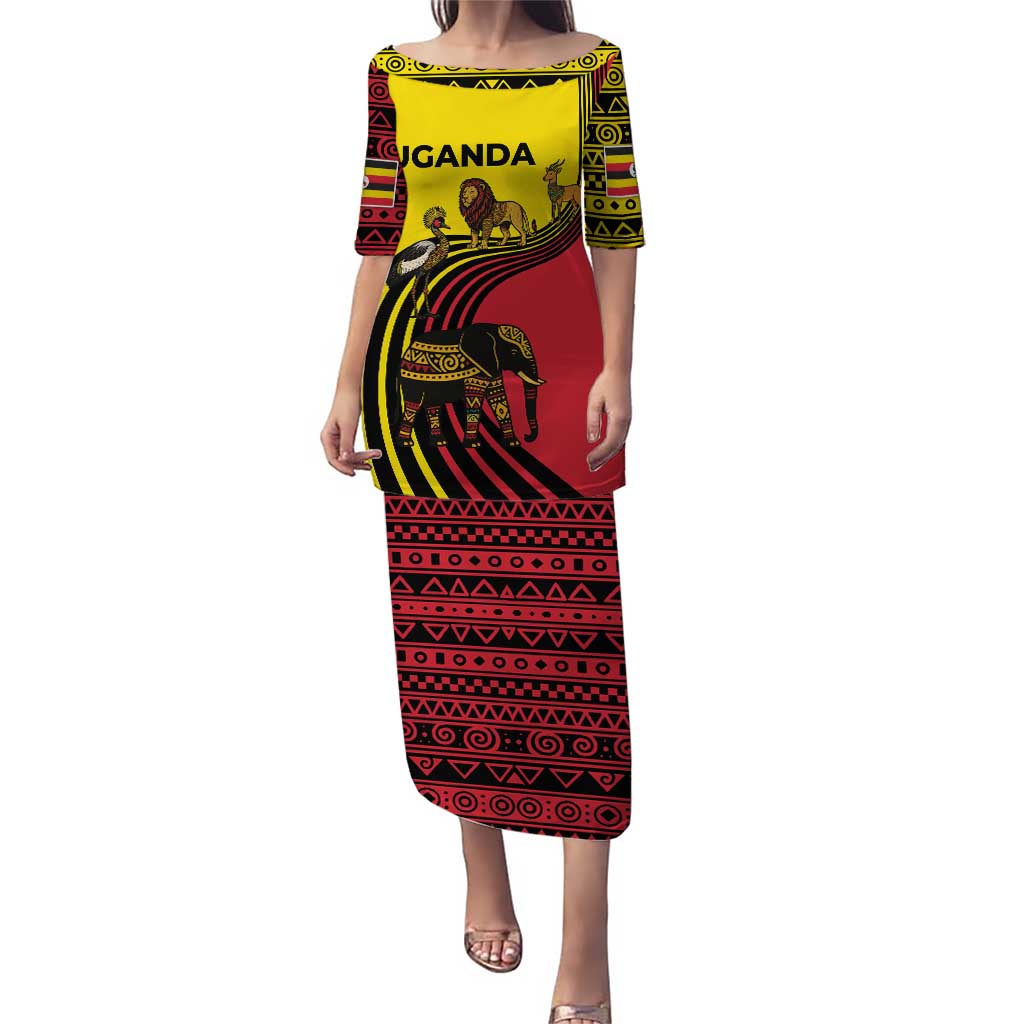 Uganda Puletasi with African Wildlife Elephant Lion and Crane in Tribal Pattern Design