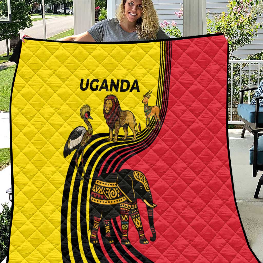 Uganda Quilt with African Wildlife Elephant Lion and Crane in Tribal Pattern Design