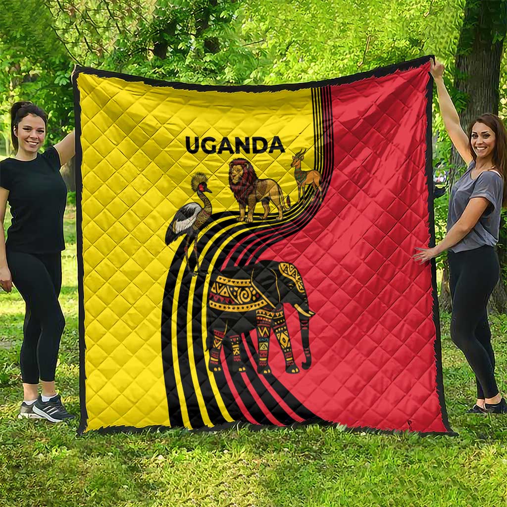 Uganda Quilt with African Wildlife Elephant Lion and Crane in Tribal Pattern Design