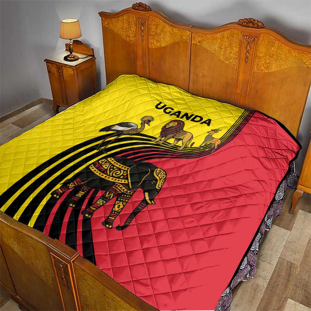 Uganda Quilt with African Wildlife Elephant Lion and Crane in Tribal Pattern Design