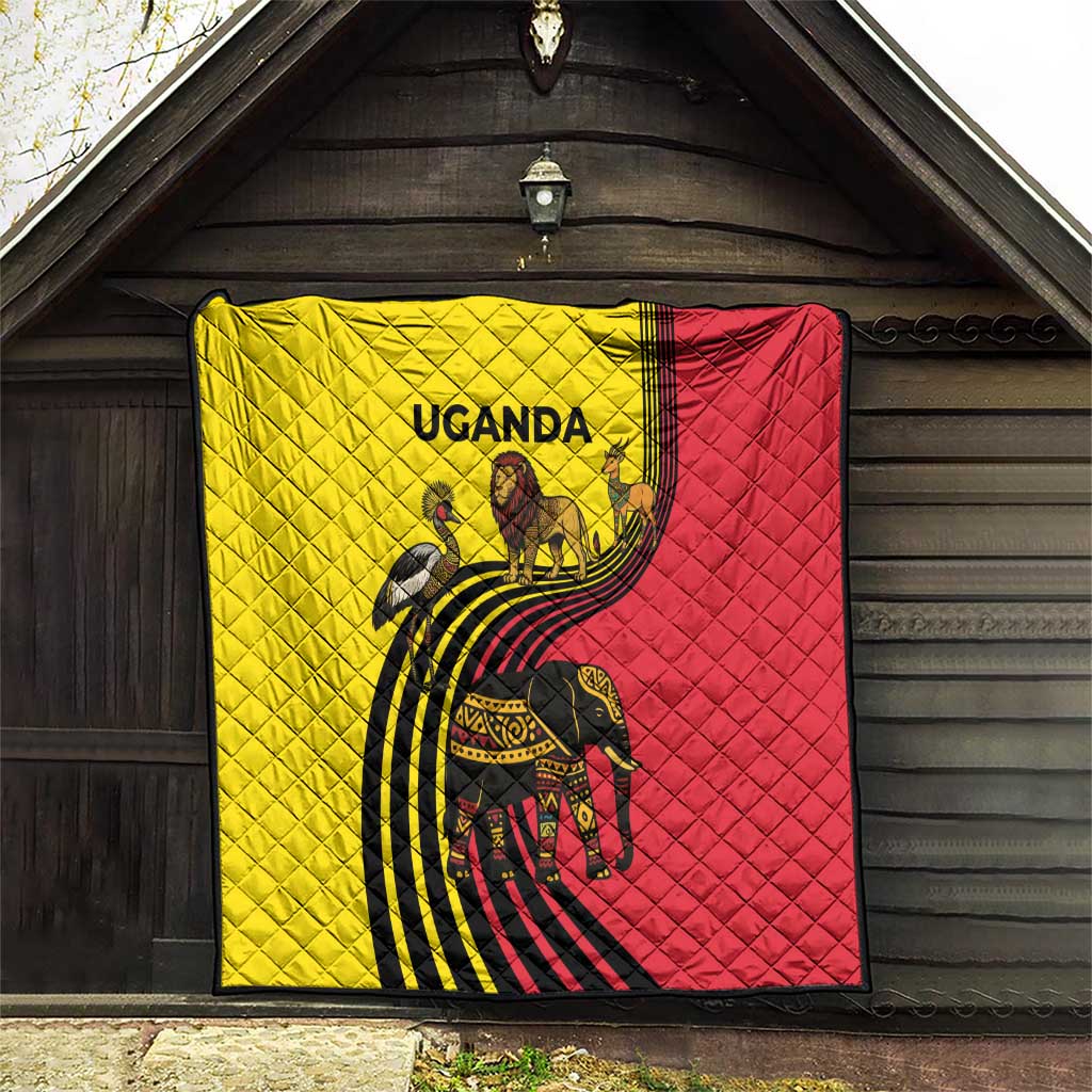 Uganda Quilt with African Wildlife Elephant Lion and Crane in Tribal Pattern Design