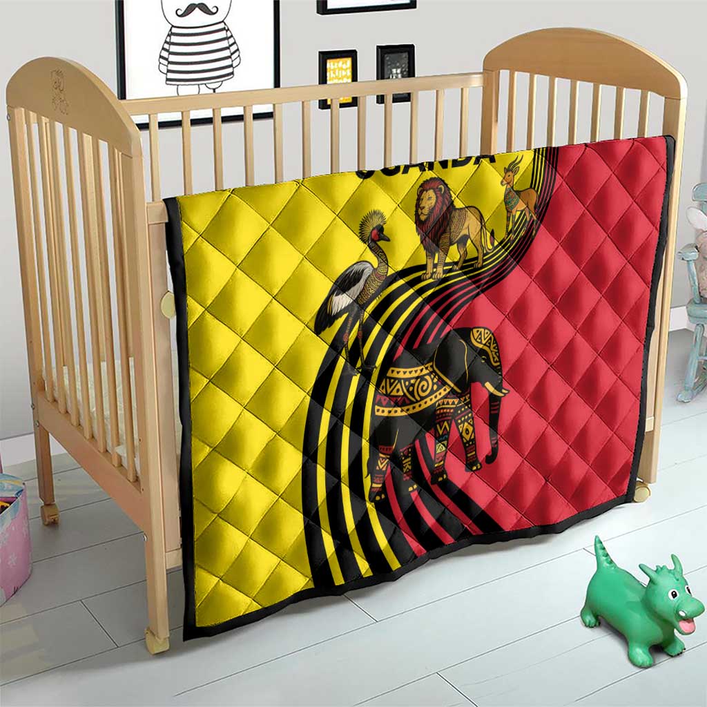 Uganda Quilt with African Wildlife Elephant Lion and Crane in Tribal Pattern Design
