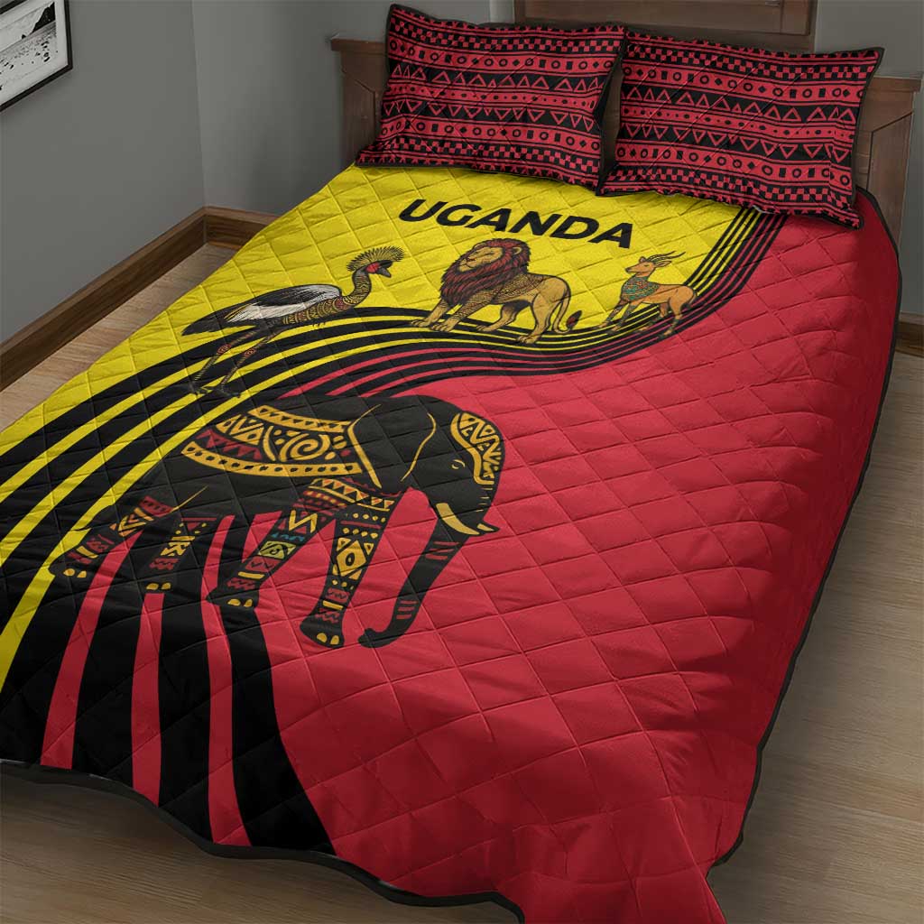 Uganda Quilt Bed Set with African Wildlife Elephant Lion and Crane in Tribal Pattern Design