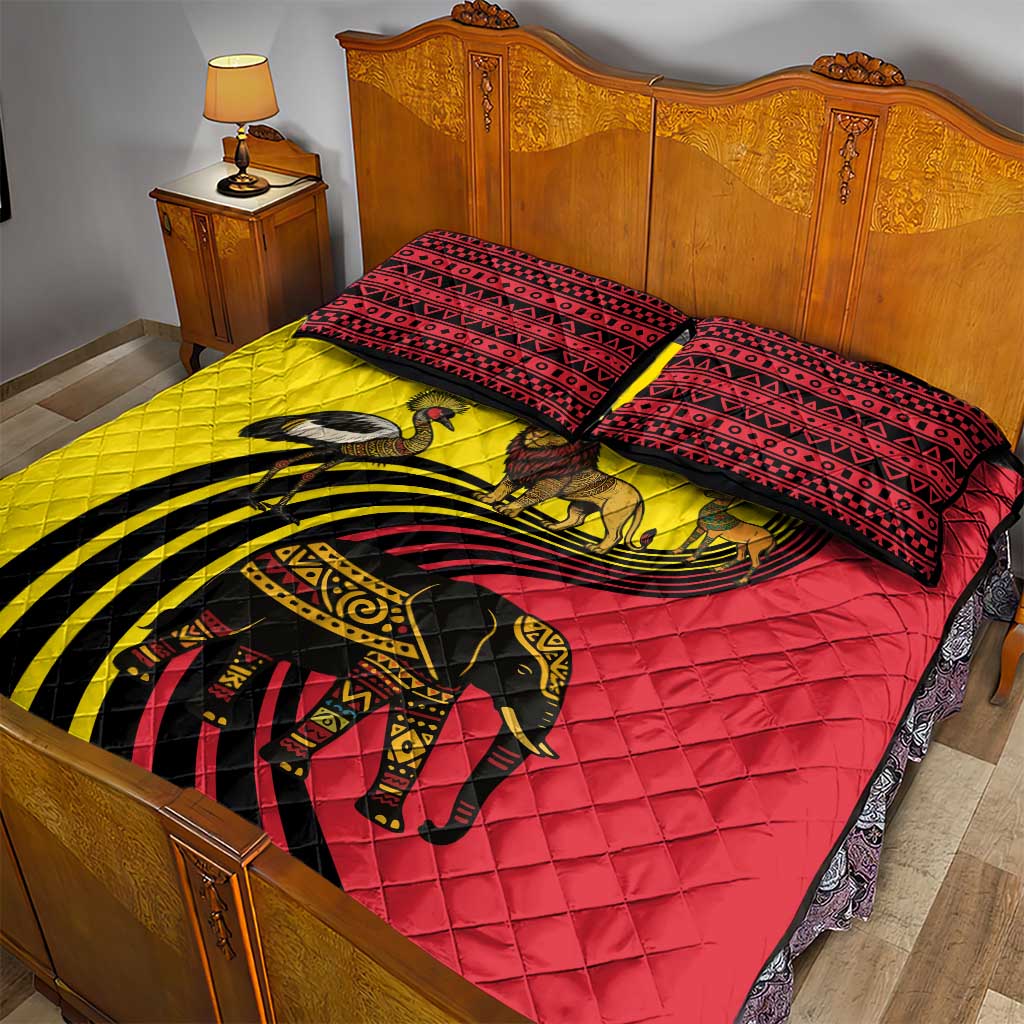 Uganda Quilt Bed Set with African Wildlife Elephant Lion and Crane in Tribal Pattern Design