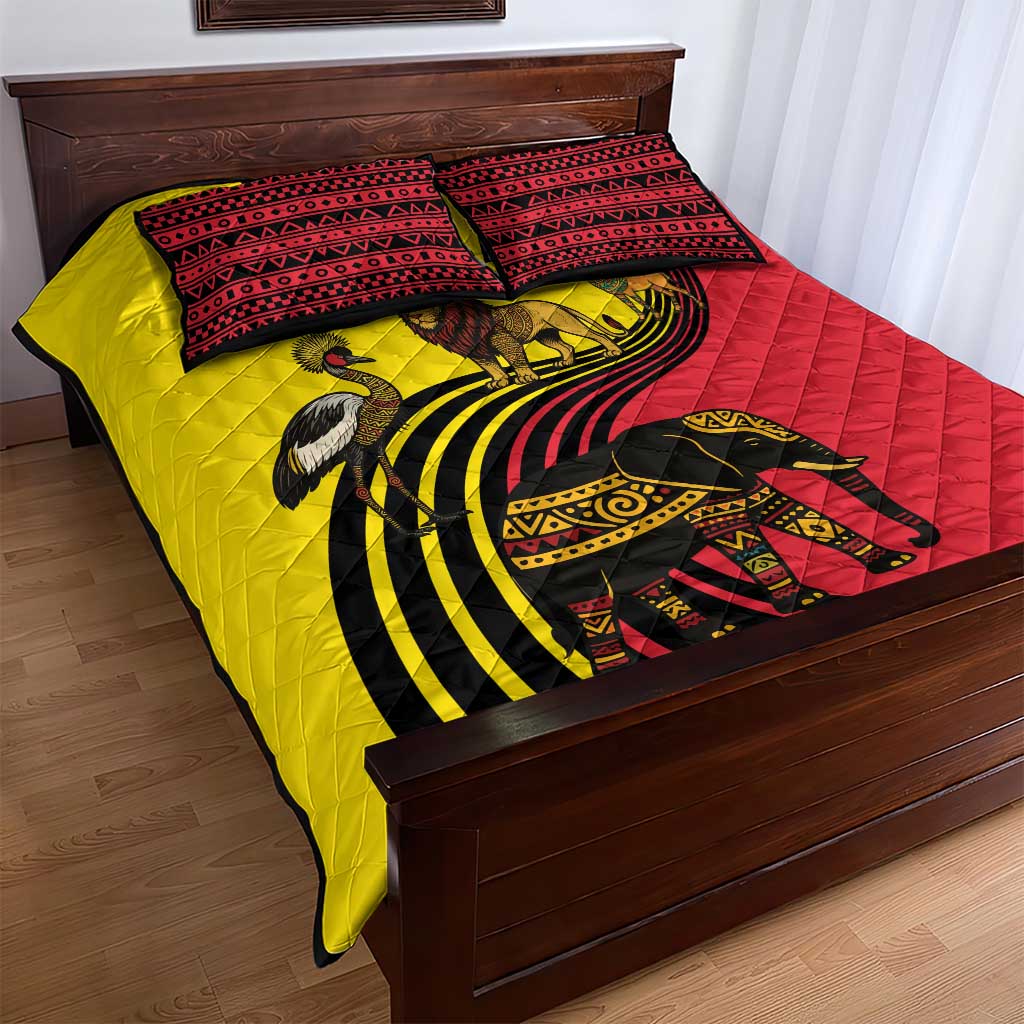 Uganda Quilt Bed Set with African Wildlife Elephant Lion and Crane in Tribal Pattern Design
