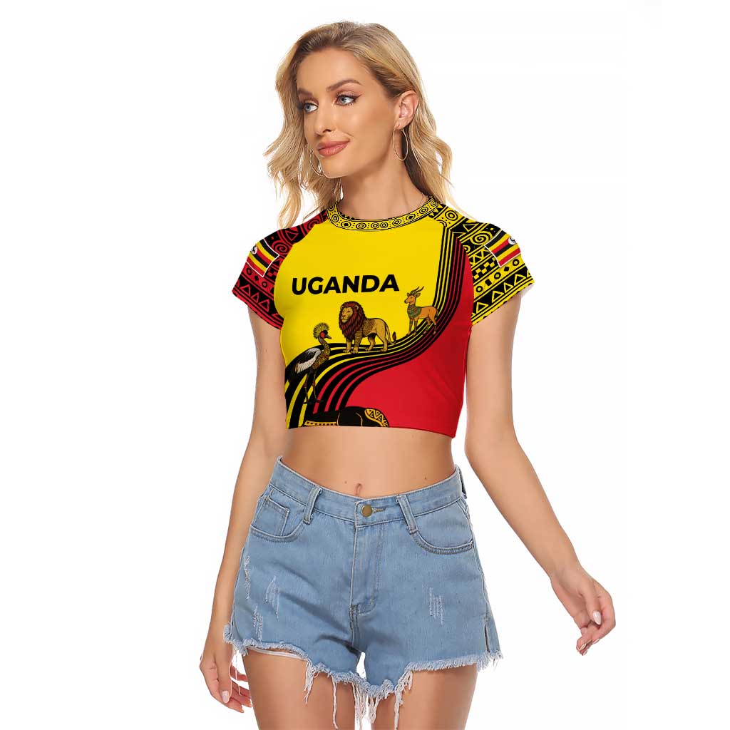 Uganda Raglan Cropped T Shirt with African Wildlife Elephant Lion and Crane in Tribal Pattern Design