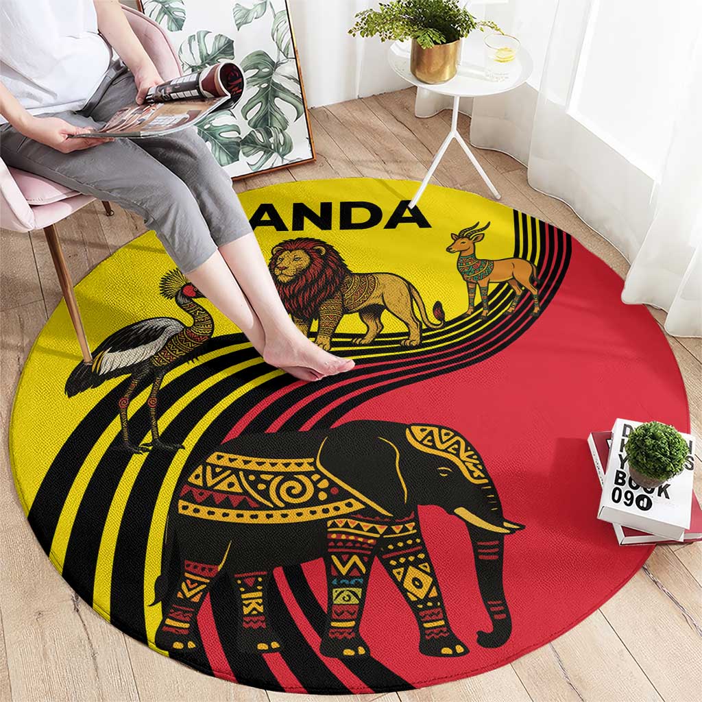 Uganda Round Carpet with African Wildlife Elephant Lion and Crane in Tribal Pattern Design