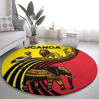 Uganda Round Carpet with African Wildlife Elephant Lion and Crane in Tribal Pattern Design