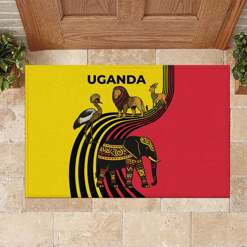 Uganda Rubber Doormat with African Wildlife Elephant Lion and Crane in Tribal Pattern Design