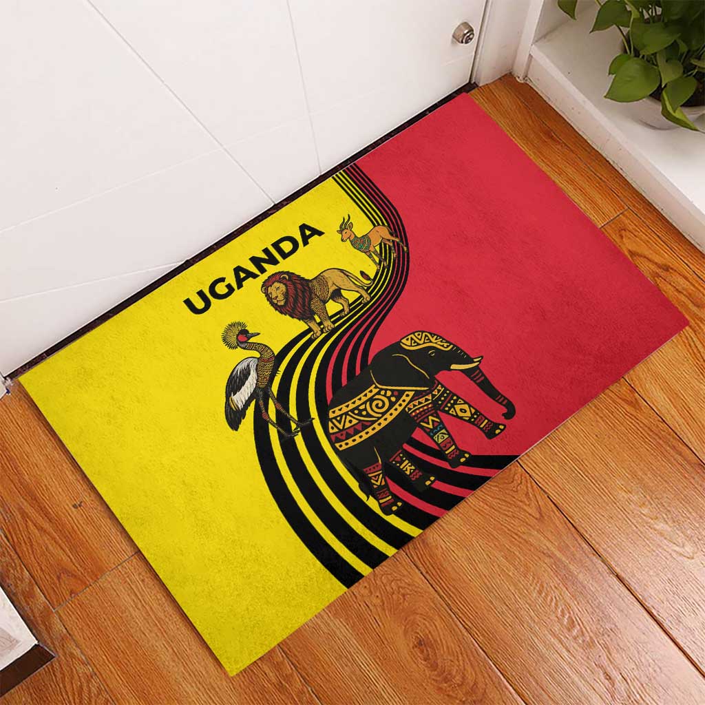 Uganda Rubber Doormat with African Wildlife Elephant Lion and Crane in Tribal Pattern Design