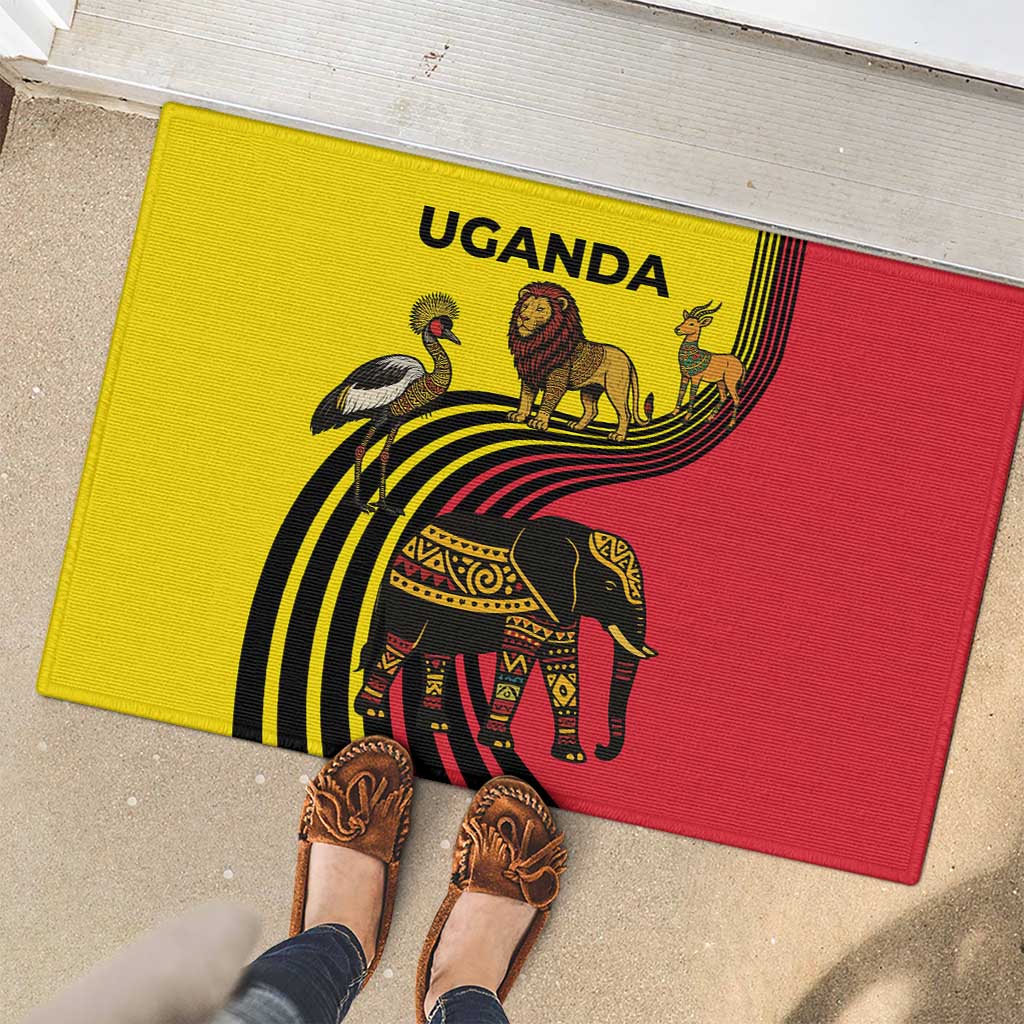 Uganda Rubber Doormat with African Wildlife Elephant Lion and Crane in Tribal Pattern Design