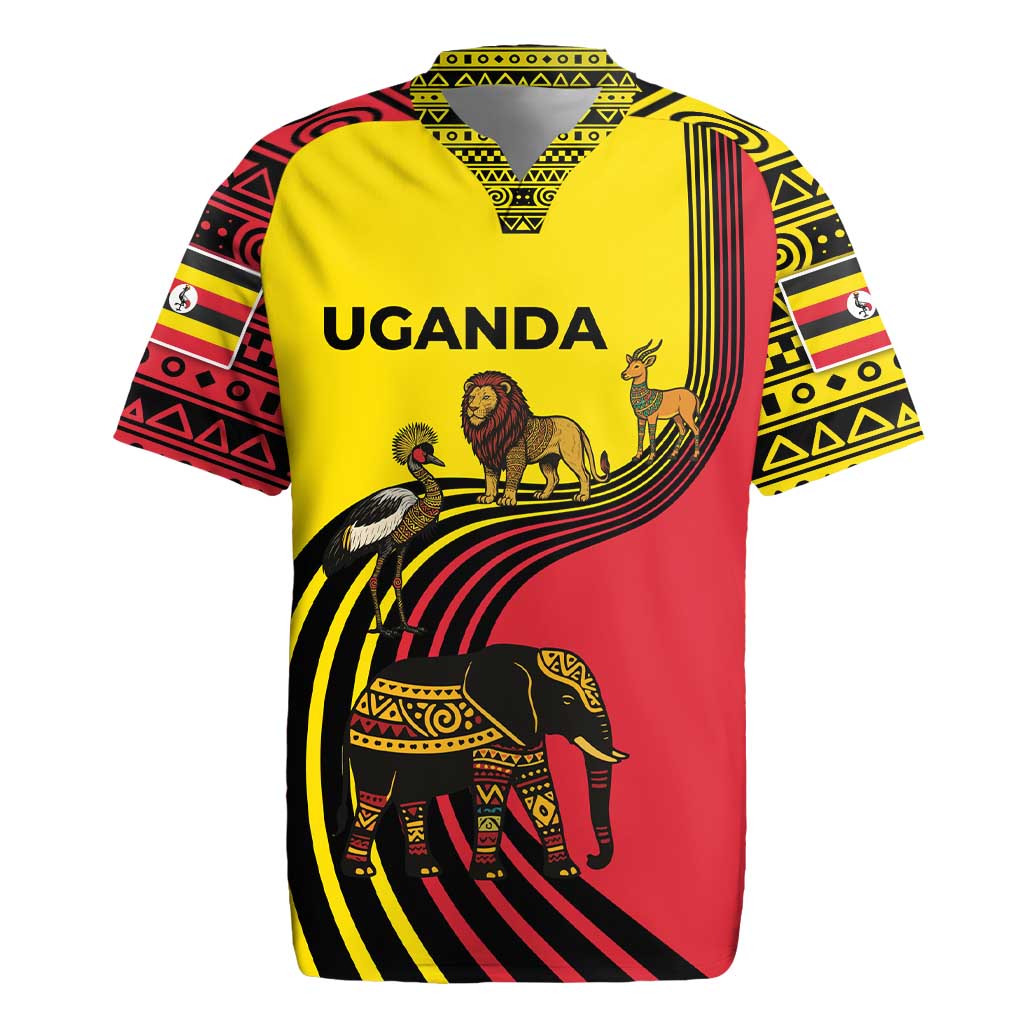 Uganda Rugby Jersey with African Wildlife Elephant Lion and Crane in Tribal Pattern Design